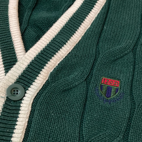 Vintage Izod Cable Knit Cardigan L Forest Green Grandpa Prep Varsity Tenniscore - Picture 2 of 8